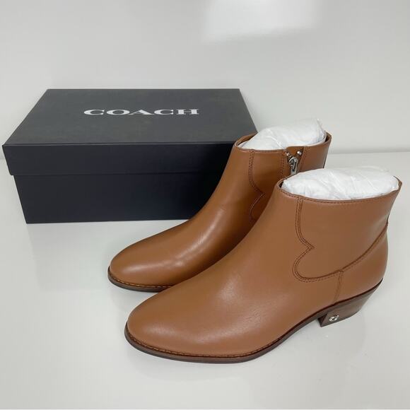 NEW Coach Dannie Block Heel Western Style Leather Ankle Boots Booties Saddle 7.5 - Picture 2 of 10